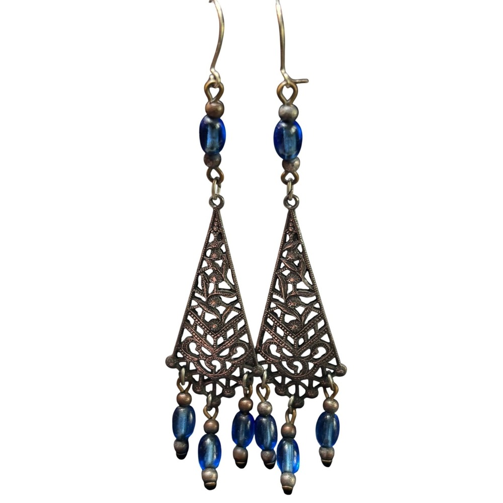 Dangle Earrings Blue Filigree Bohemian Triangle Glass Bead Drop Silver Tone